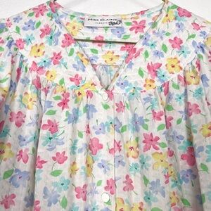 Vintage Miss Elaine Floral Cotton Snap Closure 80's Nightgown Shirred Neckline L